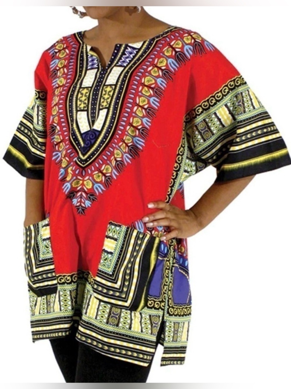 African Dashiki Print Tunic Top Red Tribal Boho Kaftan Short Sleeve Size S